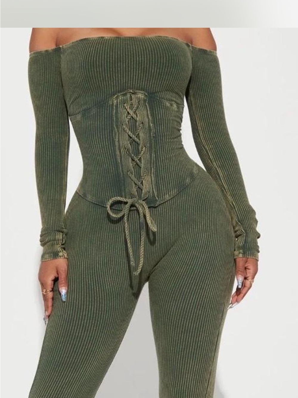 Off-Shoulder Olive Ribbed Lace-Up Corset Crop Top